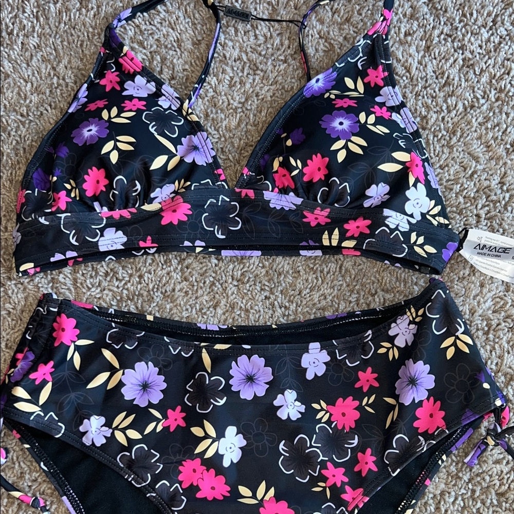 NWT Aimage 2 piece Black and Purple Floral Bikini Set